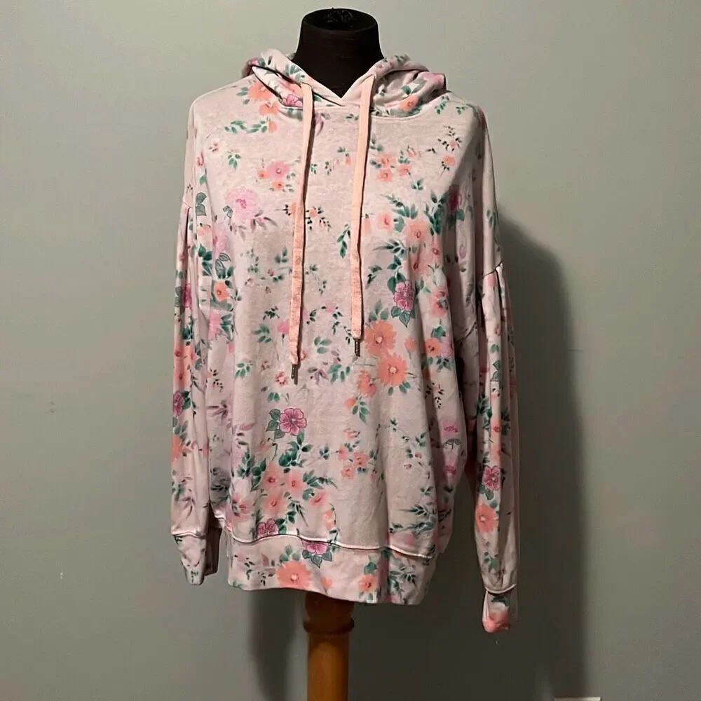 Sundry Women's Pink Floral Allover Print Long Sleeve Pullover Hoodie